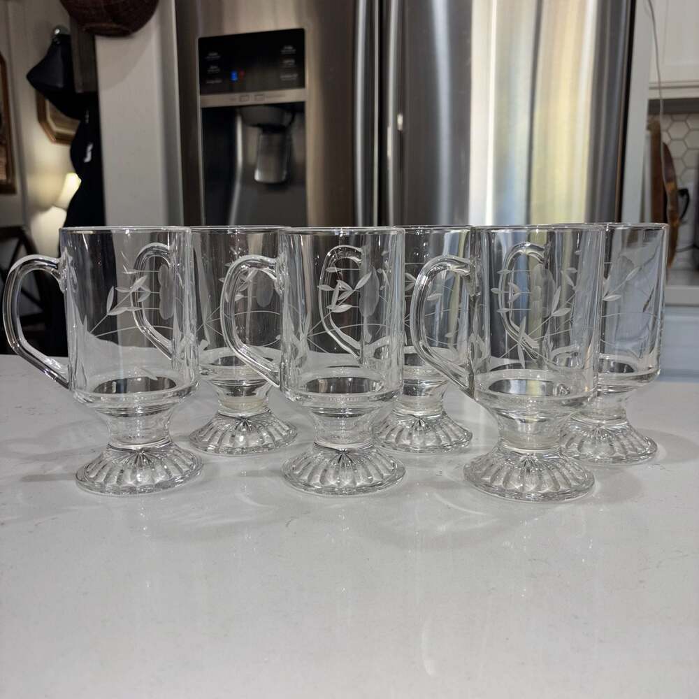 Princess House Heritage Irish Mugs Set of 6 Etched Crystal Pedestal Mugs